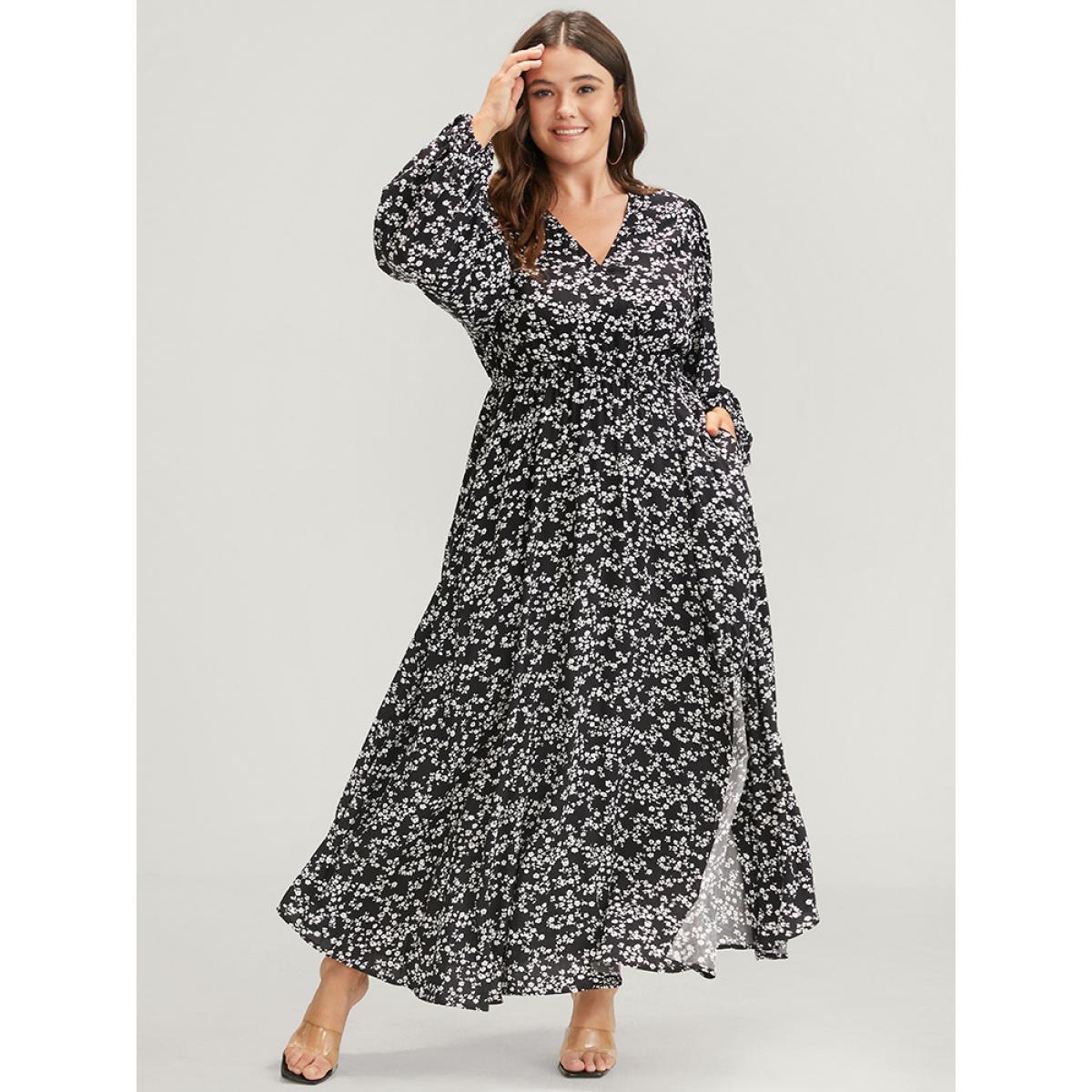 Plus Size Ditsy Floral Lantern Sleeve Pocket Split Maxi Dress BlackFlower Women Elegant Pocket V-neck Long Sleeve Curvy Long Dress BloomChic 12/L Product Image