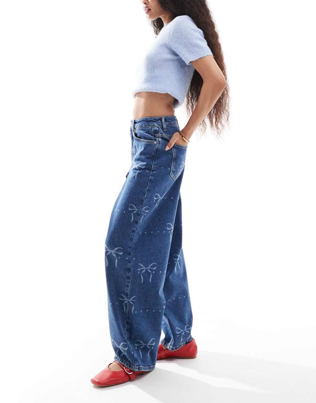 Miss Selfridge petite bow print baggy jeans Product Image