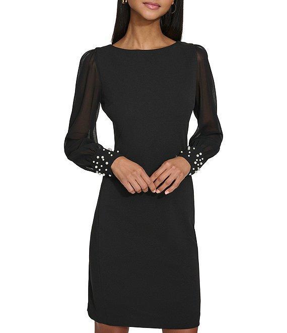 KARL LAGERFELD PARIS Scuba Crepe Crew Neck Chiffon Long Sleeve Pearl Cuff Sheath Mini Dress Product Image
