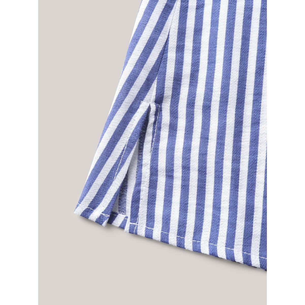 Plus Size DarkBlue Stripes Knotted Sleeve Notched Collar Blouse Women Short sleeve Notched collar Work Blouses BloomChic 18-20/2X Product Image