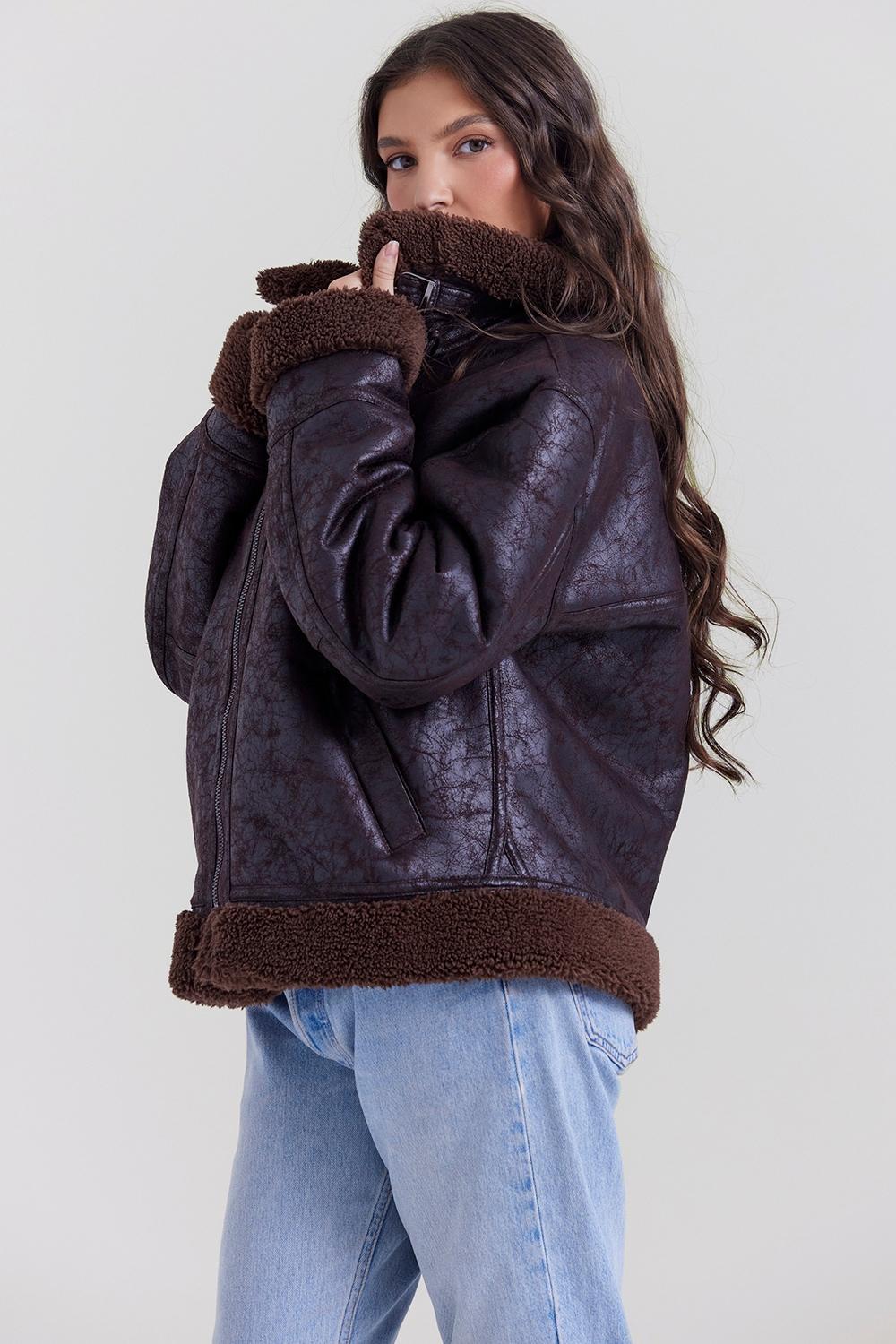 Madden Brown Vegan Shearling Aviator Jacket Product Image