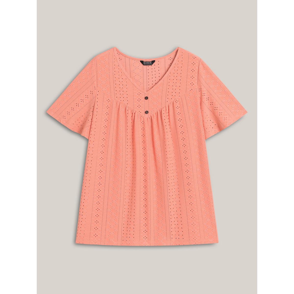 Plus Size Textured Button Detail Pleated T-Shirt Coral Women Casual Texture V-neck Everyday-Casual T-shirts BloomChic 12/L Product Image