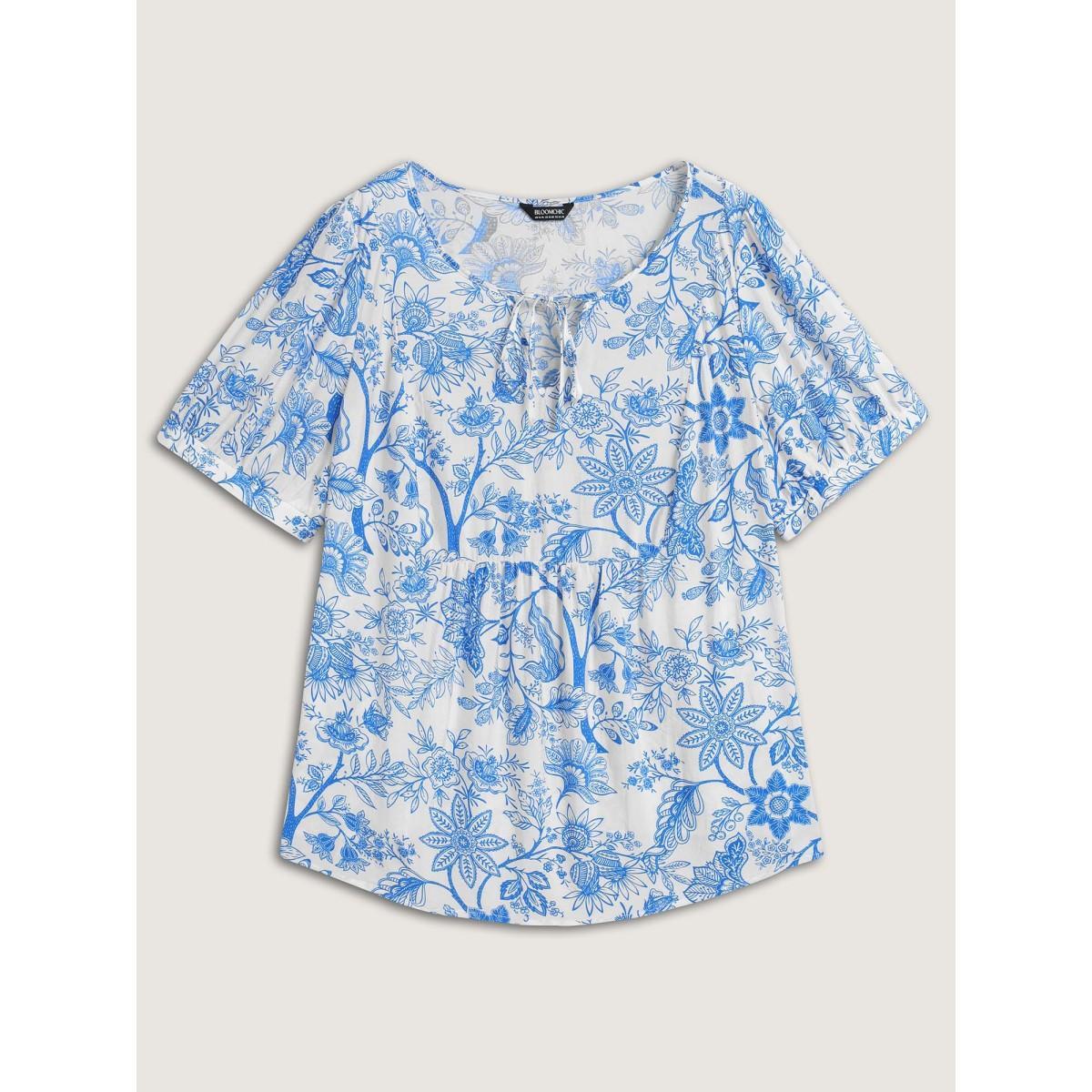 Plus Size Skyblue Silhouette Flower Print Neck Tie Blouse Women Short sleeve Notched collar Vacation Blouses BloomChic 10/M Product Image