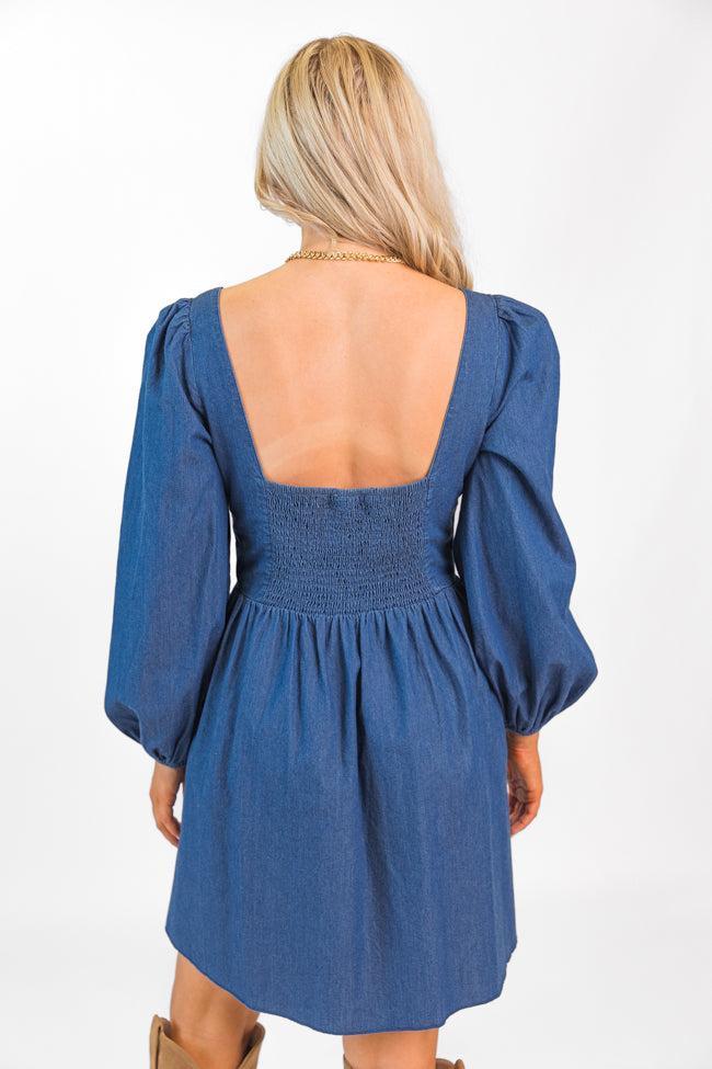 Up To Me Medium Wash Lace Up Detail Chambray Dress  SALE Product Image
