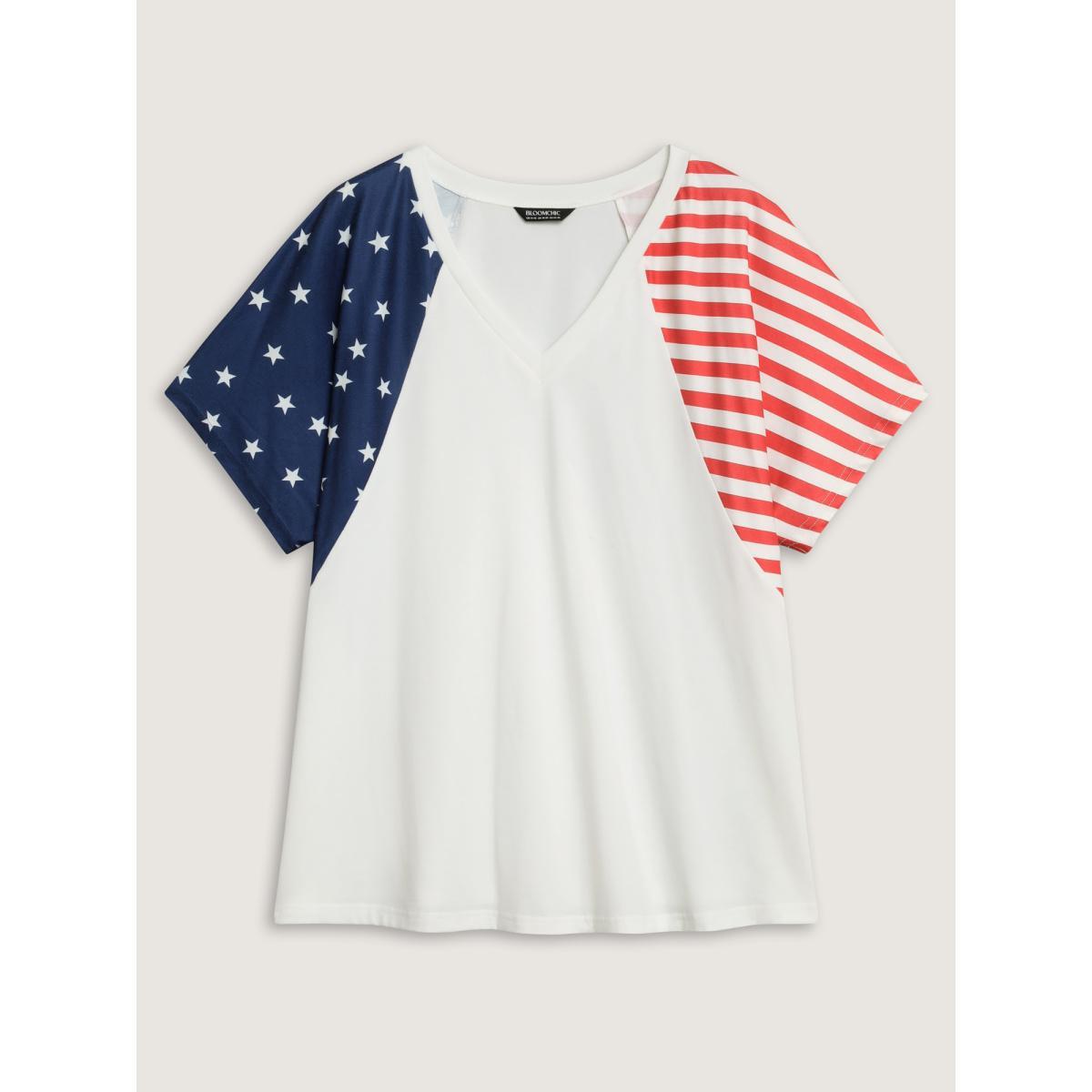 Plus Size American Flag Print V-Neck T-Shirt WhiteSmoke Women Contrast Country V-neck Everyday-Casual T-shirts BloomChic 22-24/3X Product Image