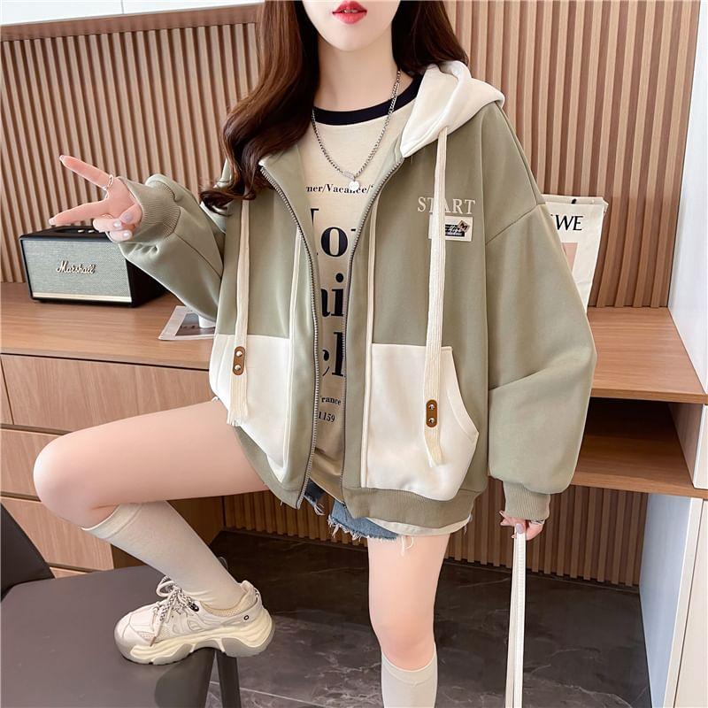 Two Tone Lettering Embroidered Zip-Up Hoodie Product Image
