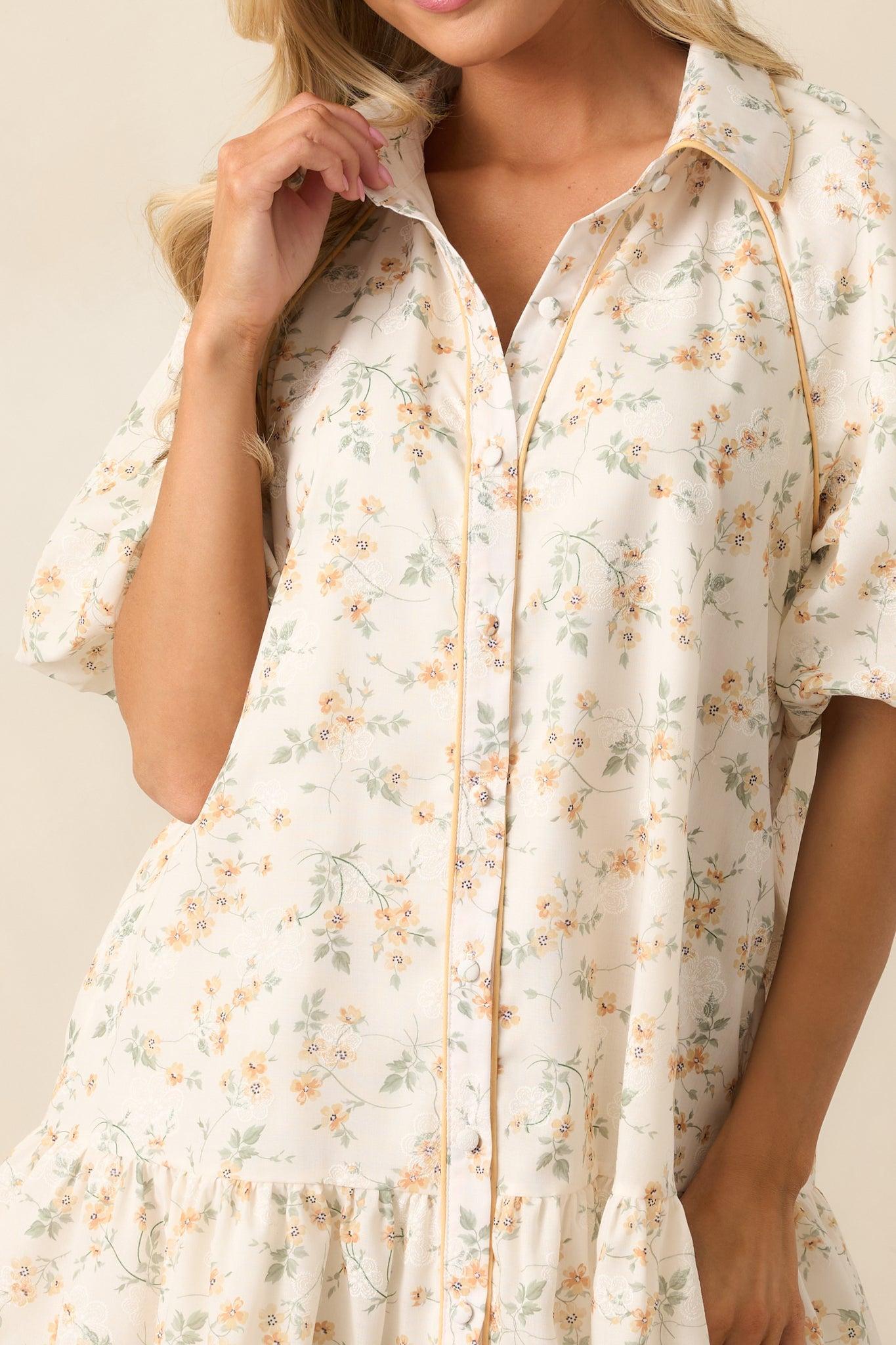 Music Festival Yellow Floral Button Front Mini Dress Product Image