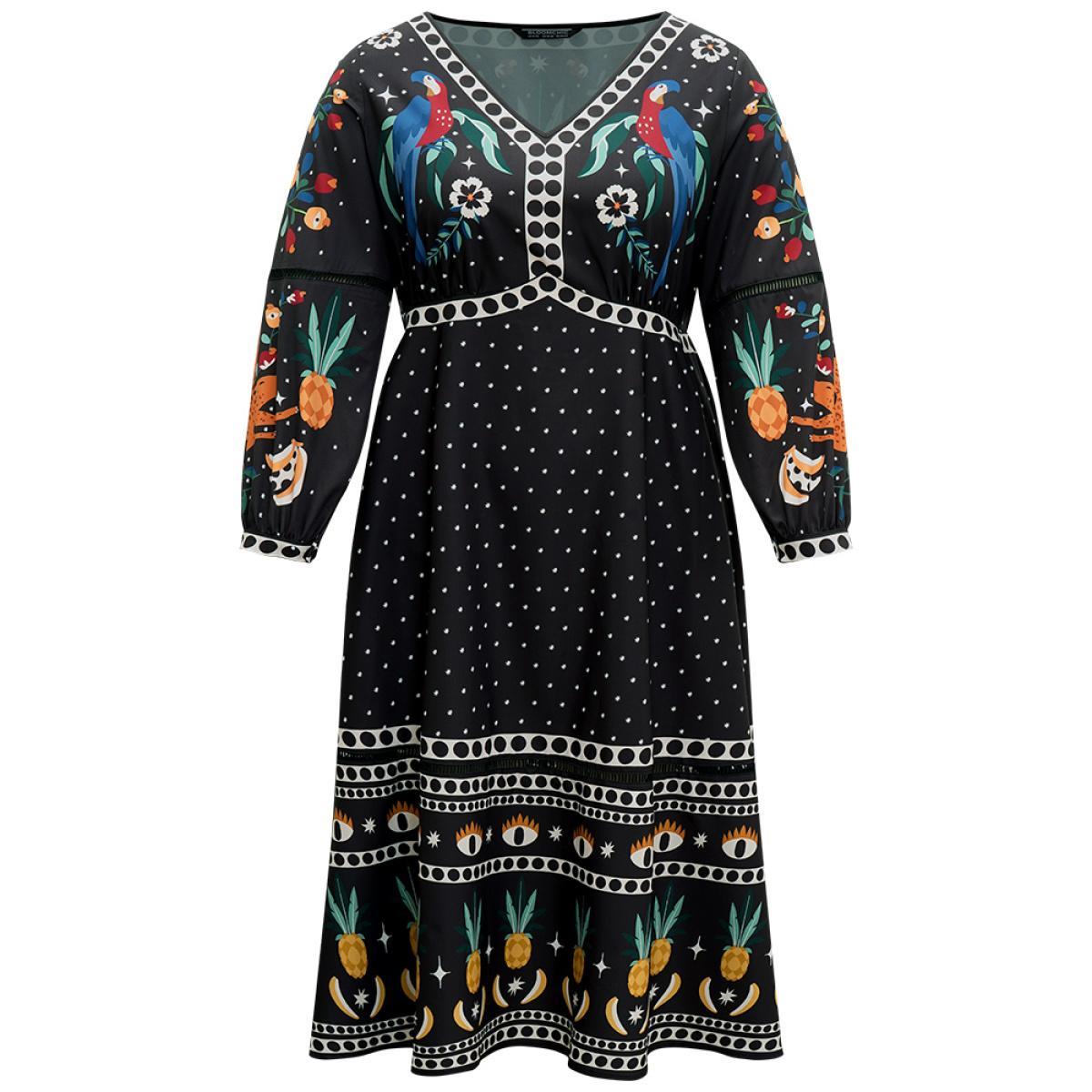 Plus Size Bandana Print Lantern Sleeve Ruffle Hem Dress Black Women Resort Printed V-neck Long Sleeve Curvy Midi Dress BloomChic 12/L Product Image