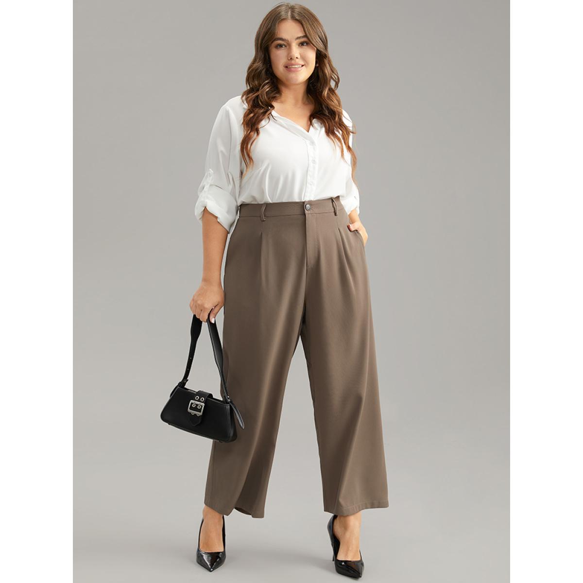 Plus Size Plain Plicated Detail Straight Leg Pants Women DarkBrown Office Wide Leg High Rise Work Pants BloomChic 12/L Product Image