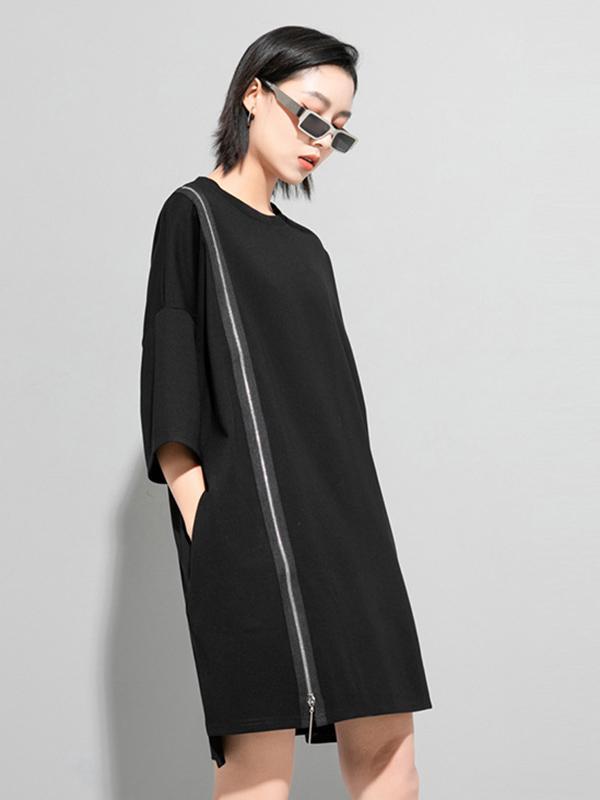 Original Black Zipper Batwing Sleeve Round-Neck Mini Dress Product Image