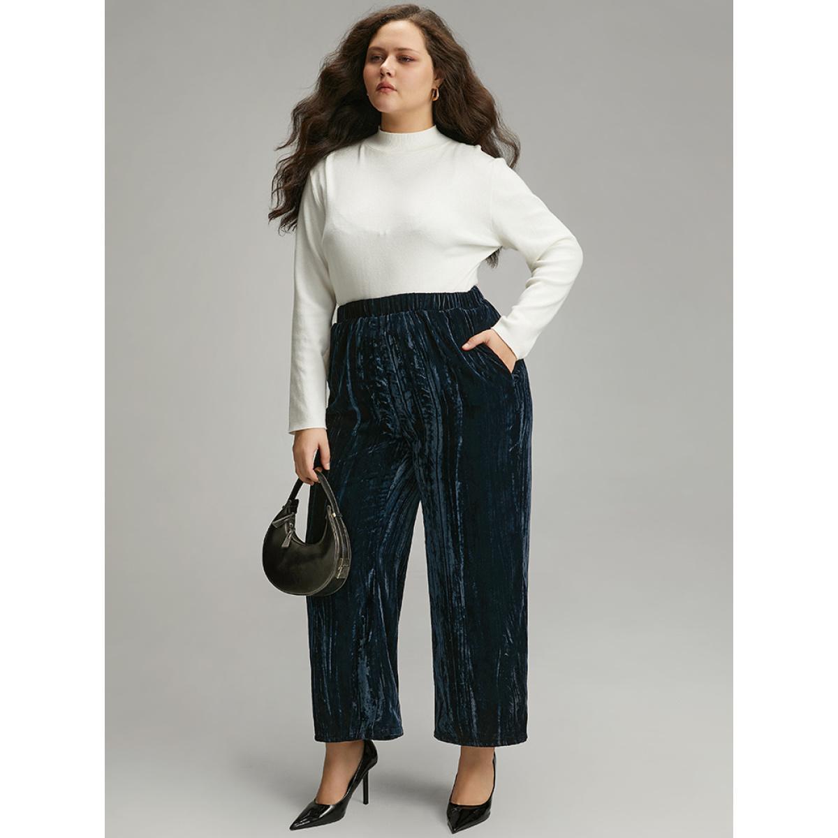 Plus Size Velvet Elastic Waist Pocket Straight Leg Pants Women Indigo Elegant Straight Leg High Rise Dailywear Pants BloomChic 28/5X Product Image