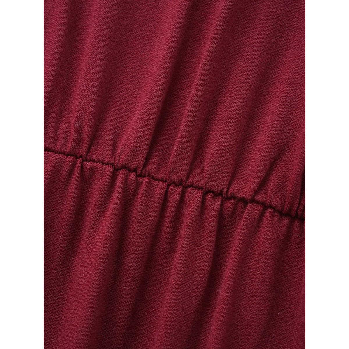 Plus Size Solid V Neck Elastic Waist Midi Dress Burgundy Women Casual Non V-neck Elbow-length sleeve Curvy BloomChic 28/5X Product Image