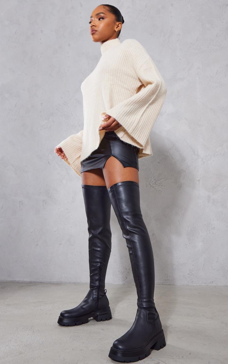 Black PU Chunky Arched Sole Over The Knee Boots Product Image