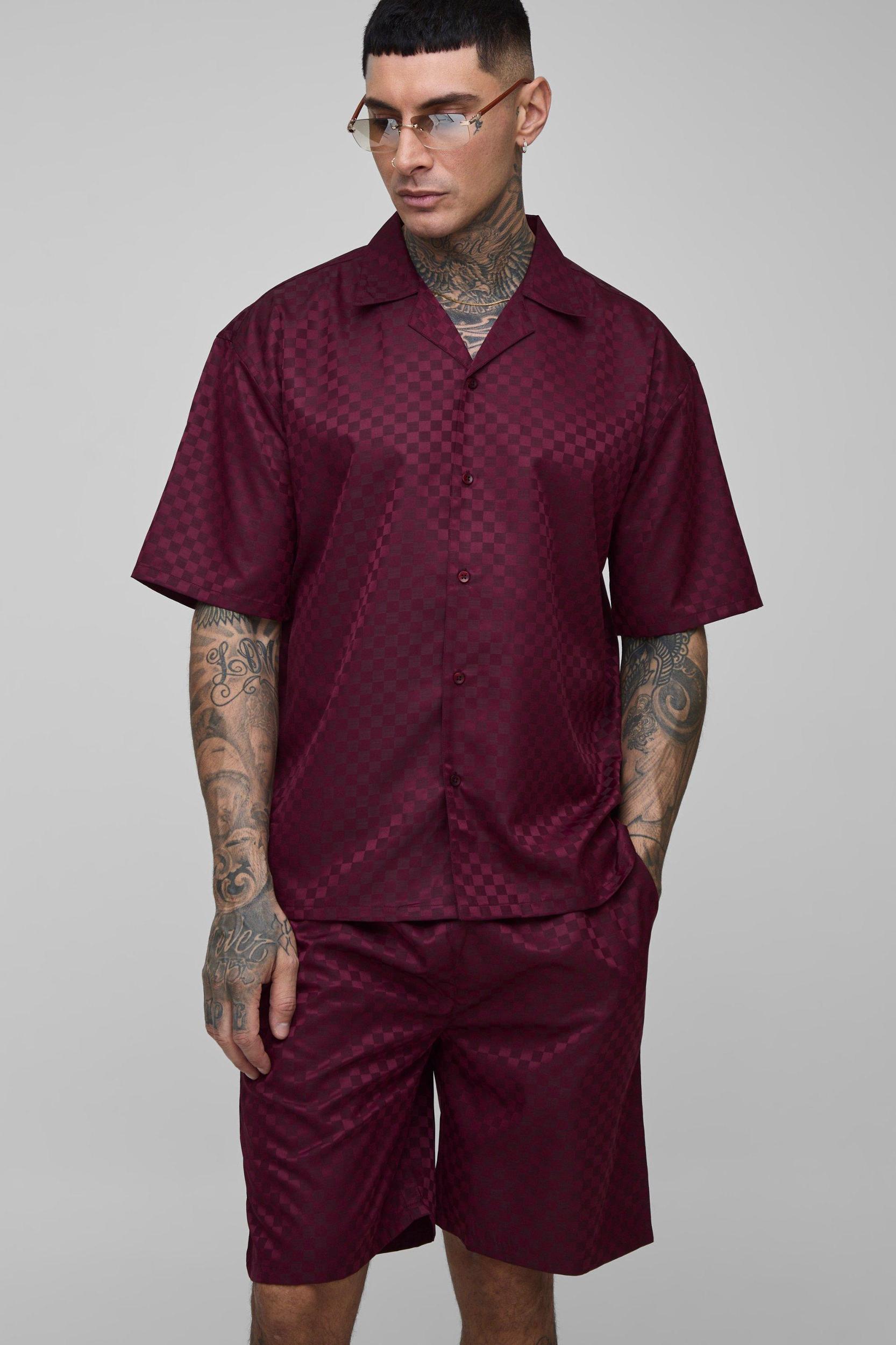 Tall Oversized Revere Satin Checkerboard Shirt & Relaxed Short Set | boohooMAN USA Product Image