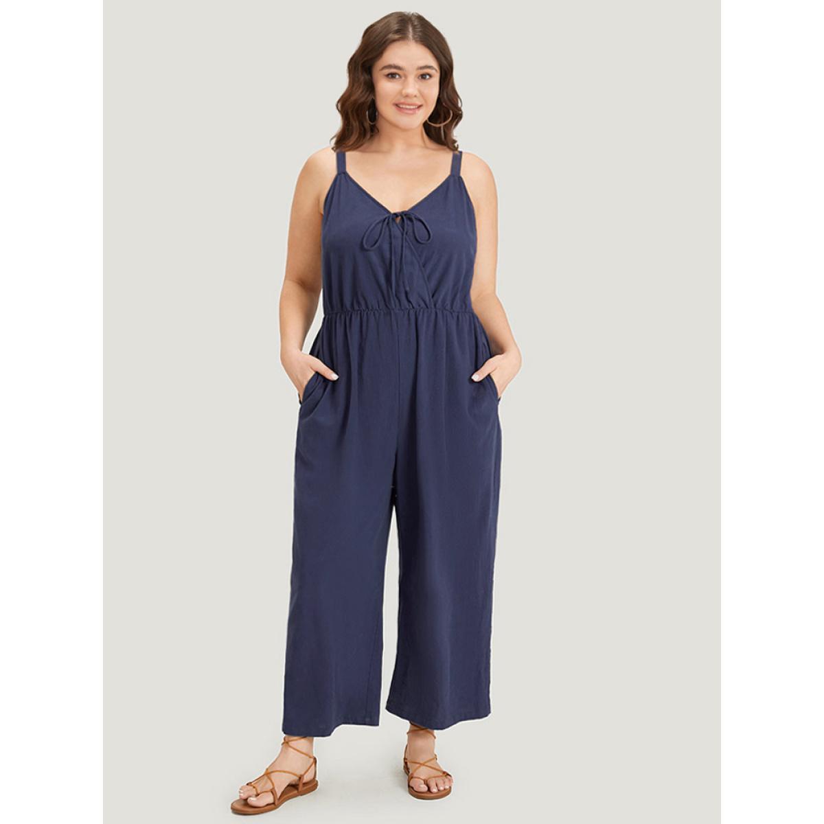 Plus Size Indigo Plain Pocket Elastic Waist Ties Cami Jumpsuit Women Casual Sleeveless Spaghetti Strap Dailywear Loose Jumpsuits BloomChic 14-16/1X Product Image