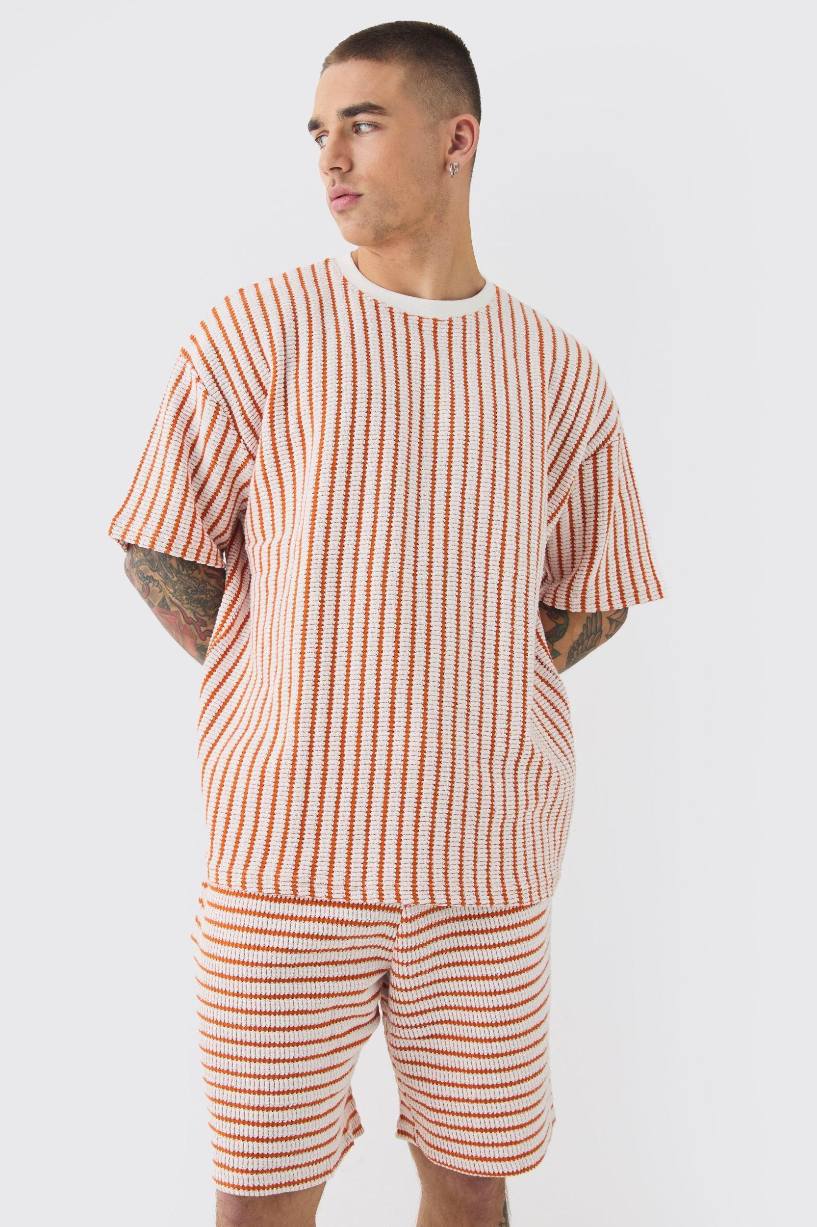 Oversized Striped Textured T-shirt & Short Set | boohooMAN USA Product Image