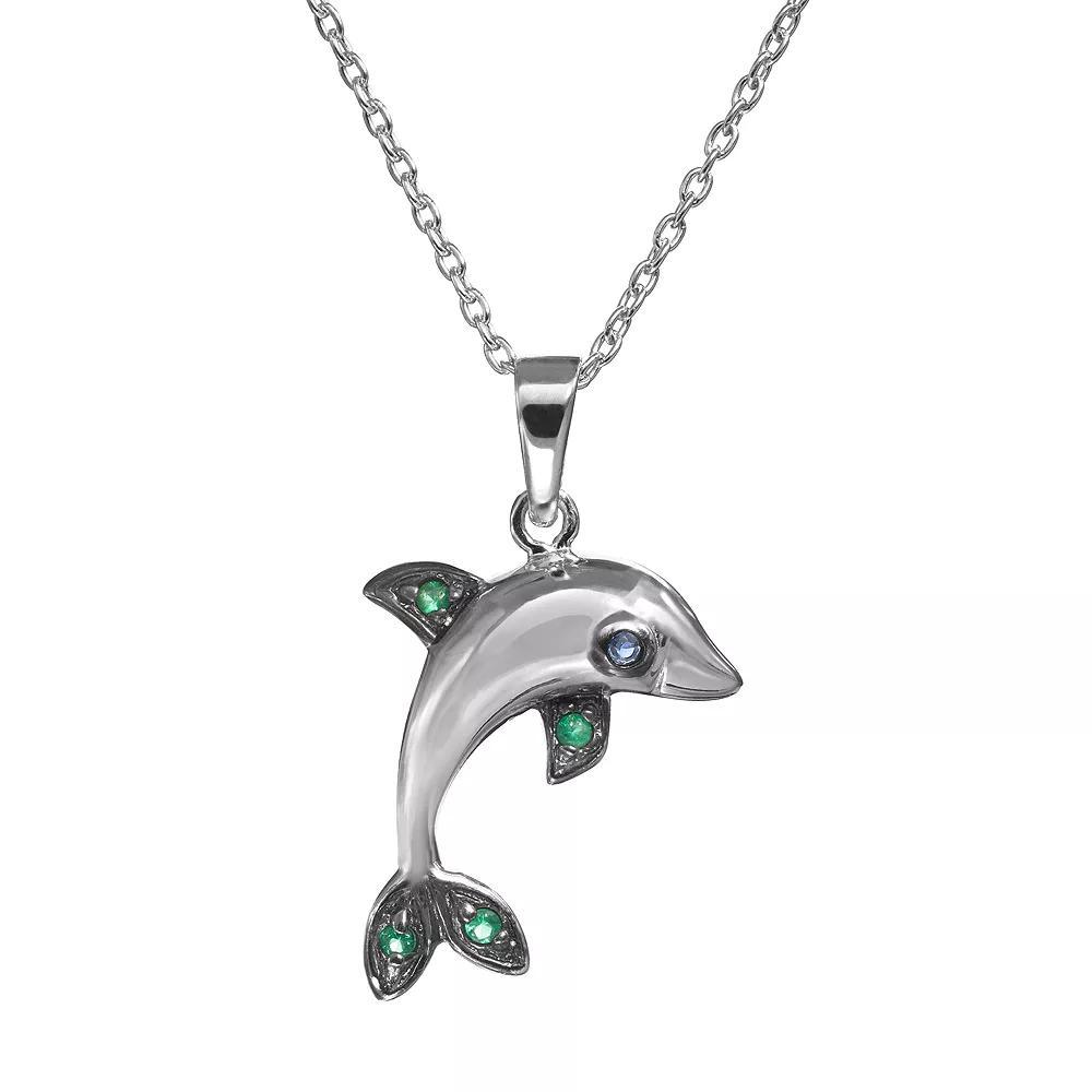 Sophie Miller Simulated Emerald & Simulated Sapphire Sterling Silver Dolphin Pendant Necklace, Womens Multicolor Product Image