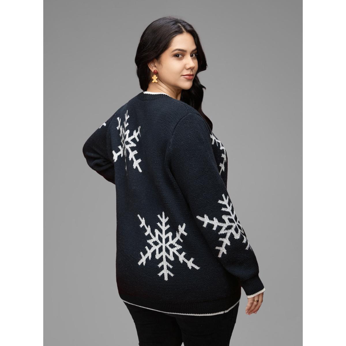 Plus Size Snowflakes Pattern Contrasting Hem Pullover Indigo Women Casual Loose Long Sleeve Round Neck Everyday Pullovers BloomChic 22-24/3X Product Image