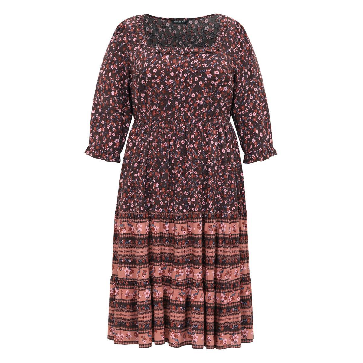 Plus Size Ditsy Floral Patchwork Square Neck Frill Trim Dress Russet Women Vacation Elastic cuffs Square Neck Elbow-length sleeve Curvy Midi Dress BloomChic 12/L Product Image