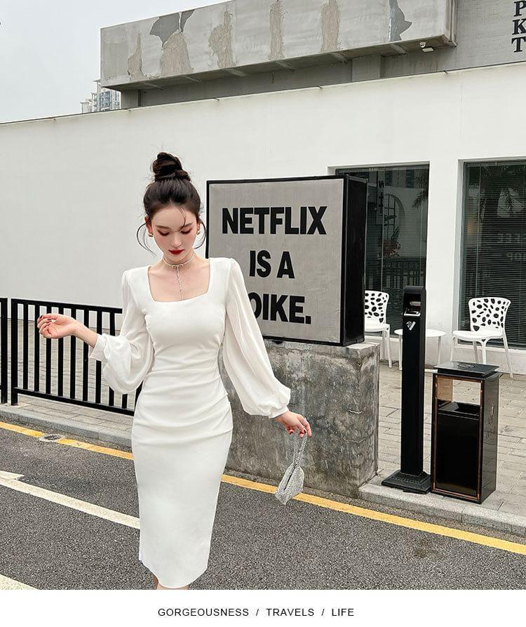 Long-Sleeve Square Neck Plain Ruched Midi Sheath Dress Product Image