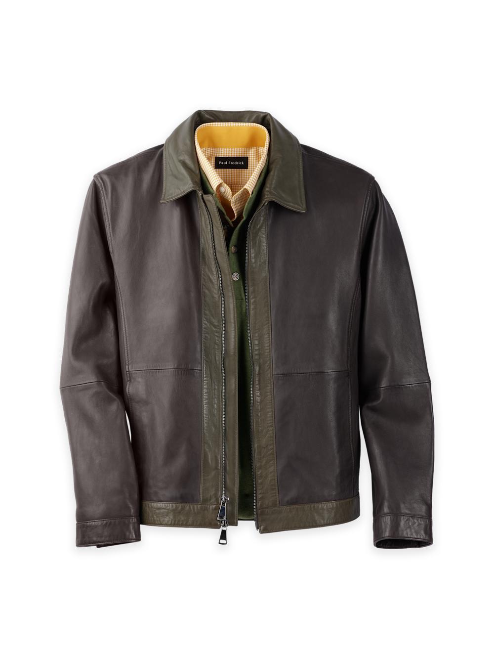 Leather Color Block Jacket - Dark Brown/olive Product Image
