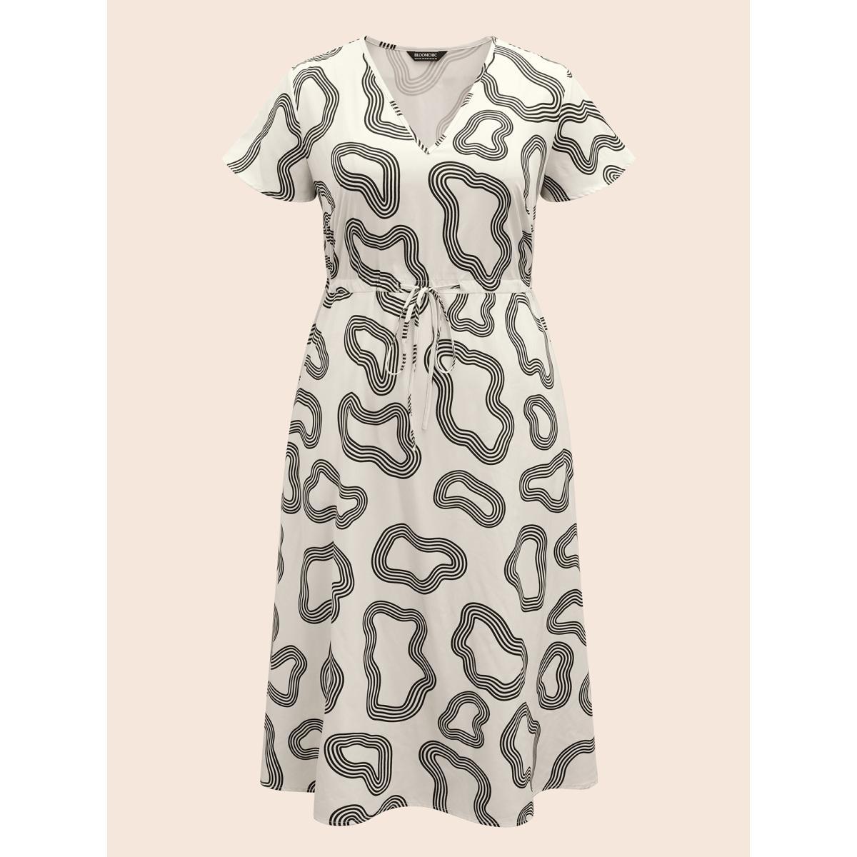 Plus Size V Neck Geometric Drawstring Midi Dress Beige Women Workwear Essentials Drawstring V-neck Short sleeve Curvy BloomChic 14-16/1X Product Image