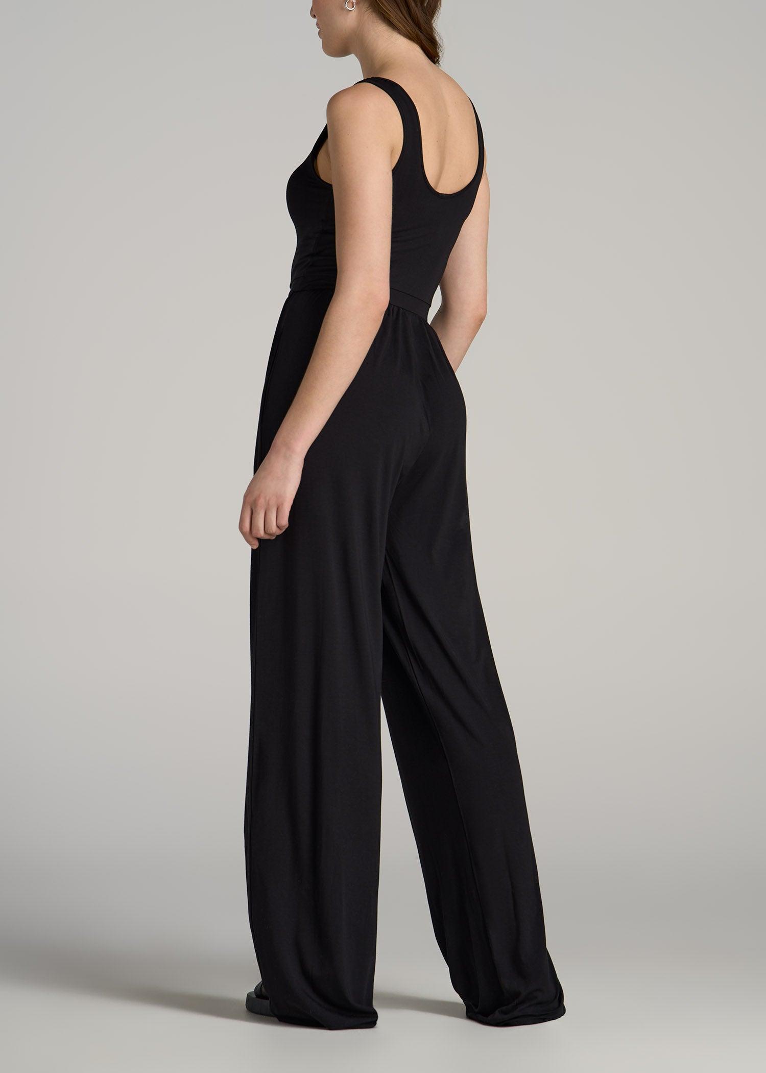 Jersey Tank Wide Leg Tall Women's Jumpsuit with Pockets in Black Product Image