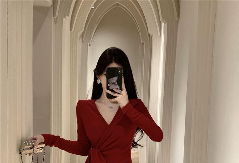 Long-Sleeve V-Neck Wrapped Plain Maxi Sheath Dress Product Image