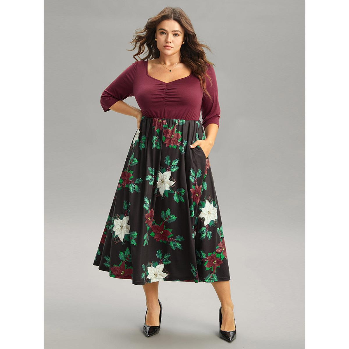 Plus Size Floral Patchwork Elastic Waist Ruched Dress Scarlet Women Office Gathered Square Neck Long Sleeve Curvy Midi Dress BloomChic 18-20/2X Product Image