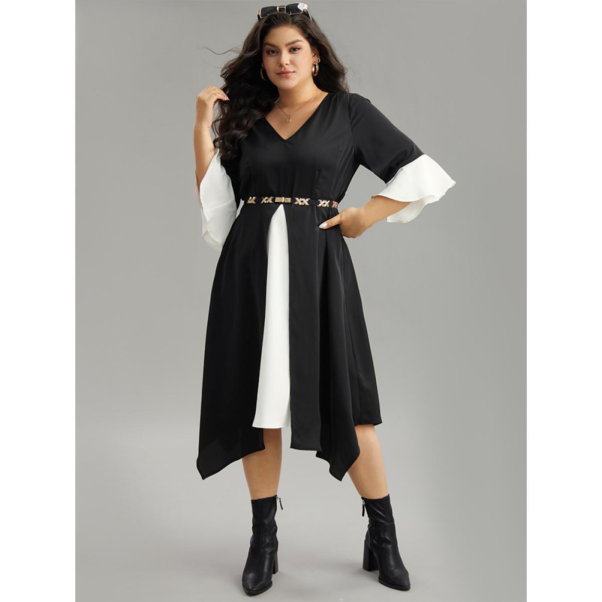 Plus Size Contrast Ruffle Sleeve Hanky Hem Dress Black Women Elegant Patchwork V-neck Elbow-length sleeve Curvy Midi Dress BloomChic 28/5X Product Image