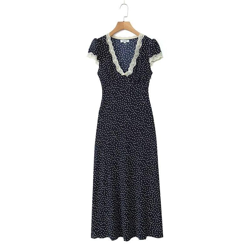 Short-Sleeve V-Neck Lace Trim Dotted Maxi A-Line Dress Product Image