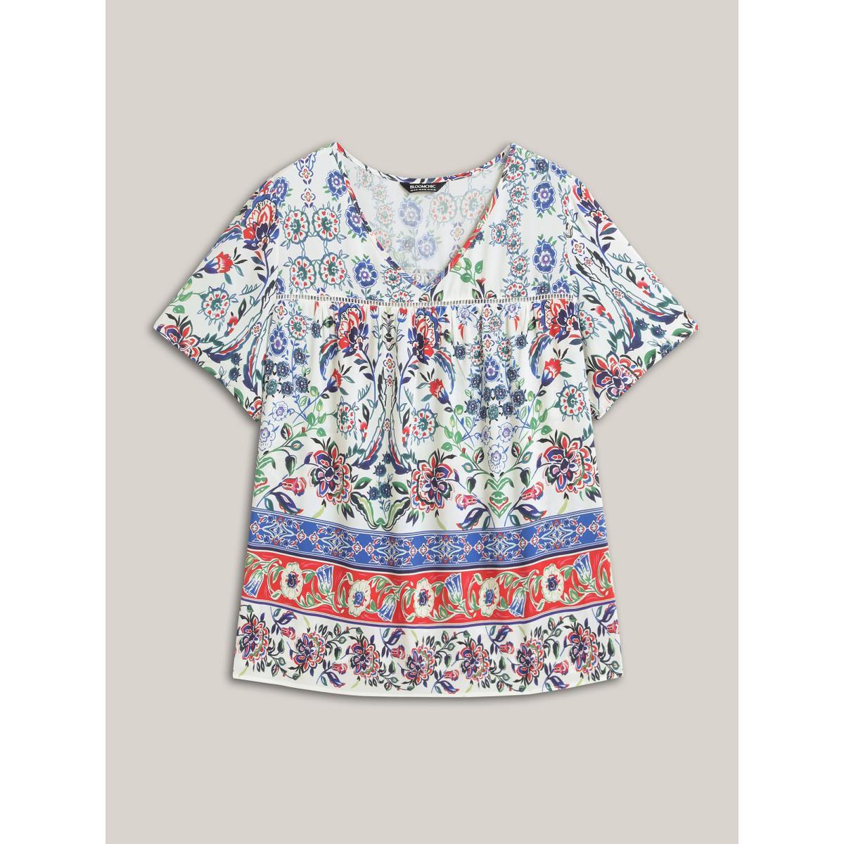 Plus Size Multicolor Rayon Floral Boho Print Lace Trim Blouse Women Short sleeve V-neck Everyday-Elegant Blouses BloomChic 22-24/3X Product Image