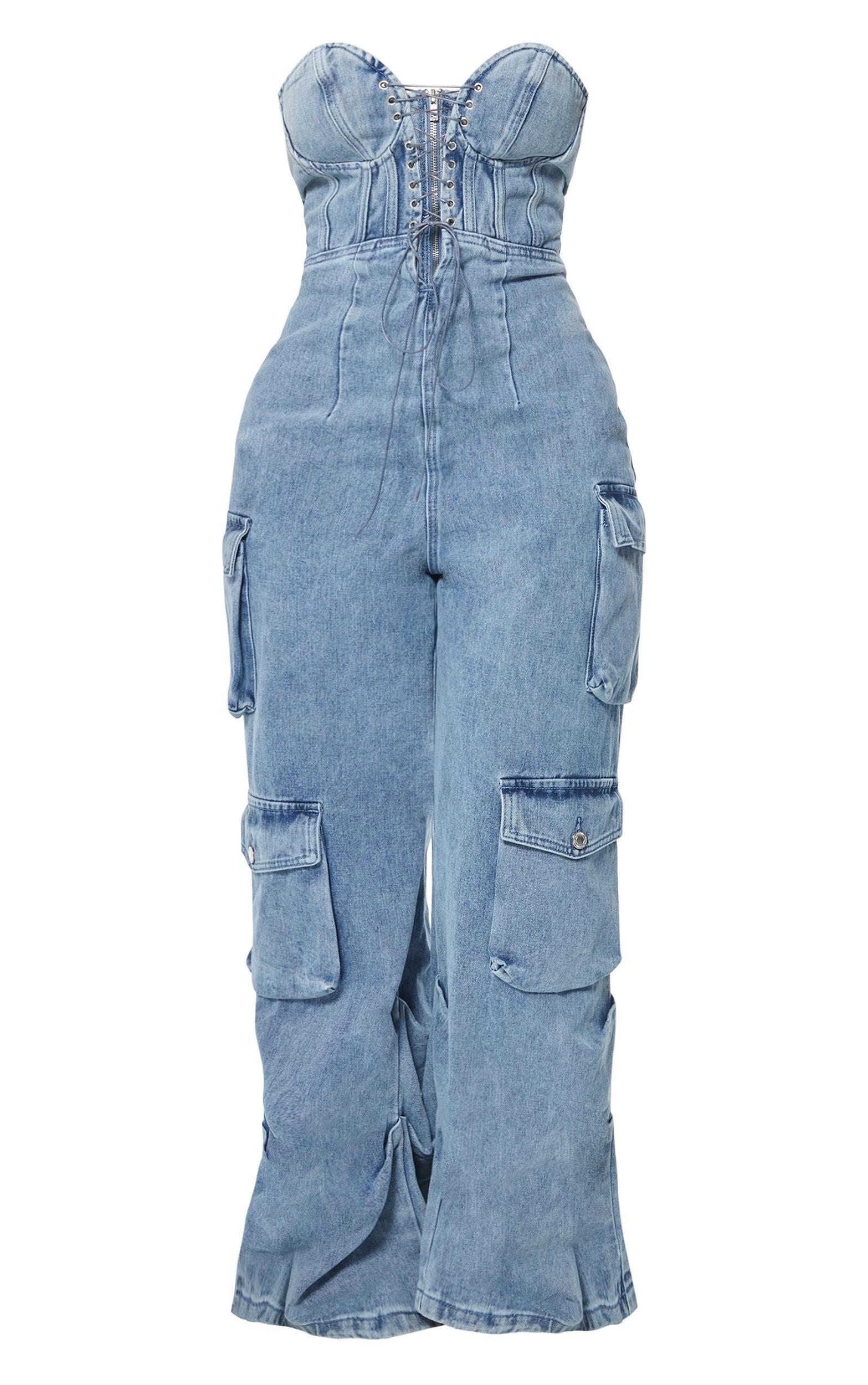 Shape Vintage Mid Wash Denim Bandeau Lace Up Front Wide Leg Jumpsuit Product Image