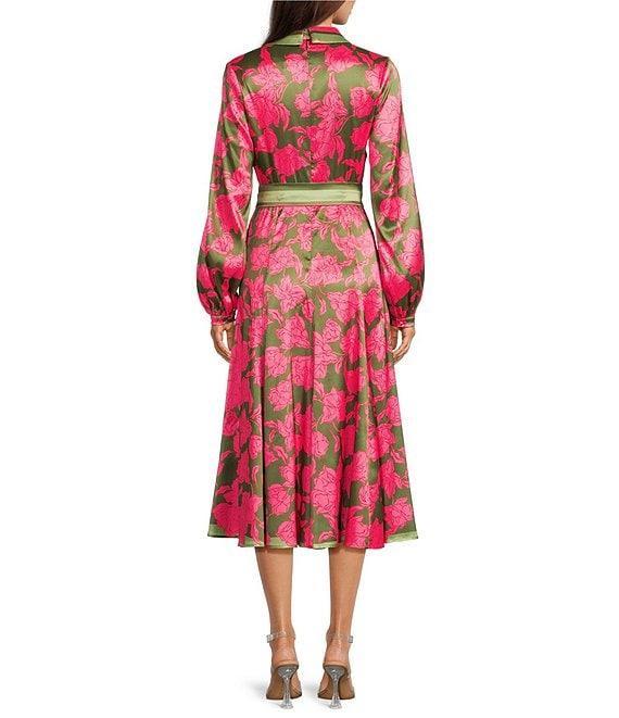 Belle by Badgley Mischka Sabrina Woven Floral Long Sleeve Belted Notch Collar A-Line Midi Dress Product Image