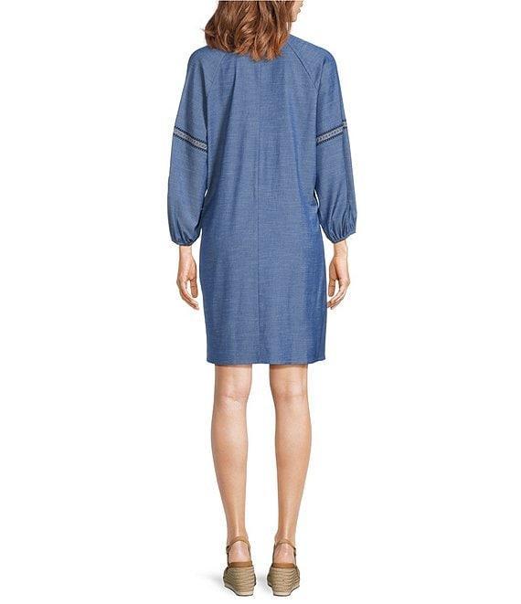 Calessa Petite Size Embroidered Split V-Neck 3/4 Sleeve Shift Dress Product Image