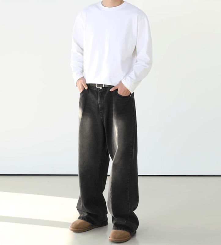 RT No. 7002 WASHED BLACK WIDE STRAIGHT DENIM JEANS Product Image