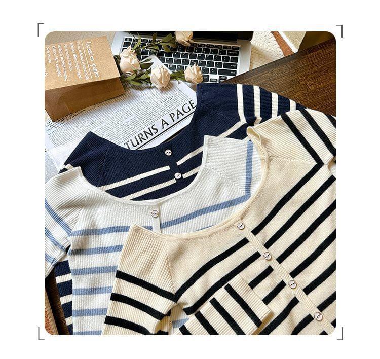 Off-Shoulder Striped Ribbed Sweater Product Image