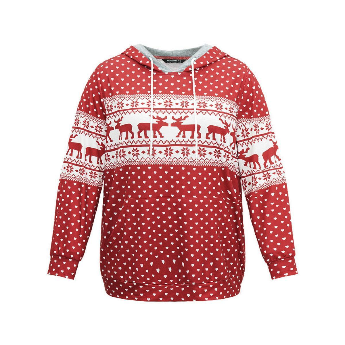 Plus Size Christmas Elk Contrast Kangaroo Pocket Hooded Sweatshirt Women Red Casual Printed Hooded Festival-Halloween Sweatshirts BloomChic 10/M Product Image