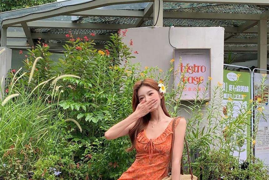 Sleeveless V-Neck Floral Print Ruffle Trim Tie Waist Maxi A-Line Dress Product Image