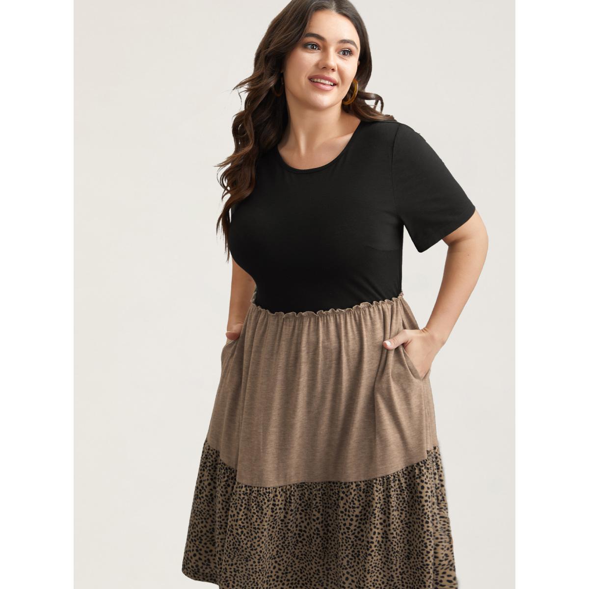 Plus Size Leopard Print Color-Block Pockets Midi Dress Multicolor Women Casual Frill Trim Knit Dresses Bloomchic 18-20/2X Product Image