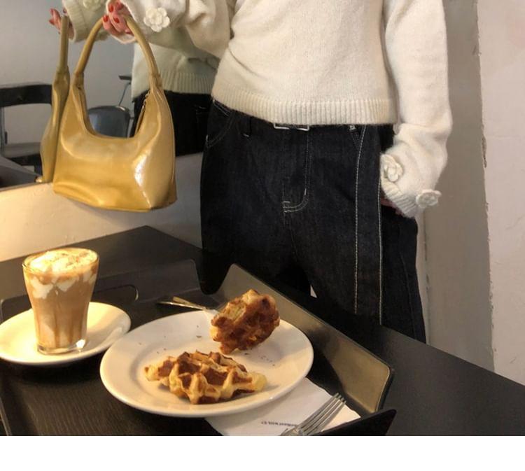One Shoulder Plain Crochet Floral Sweater Product Image