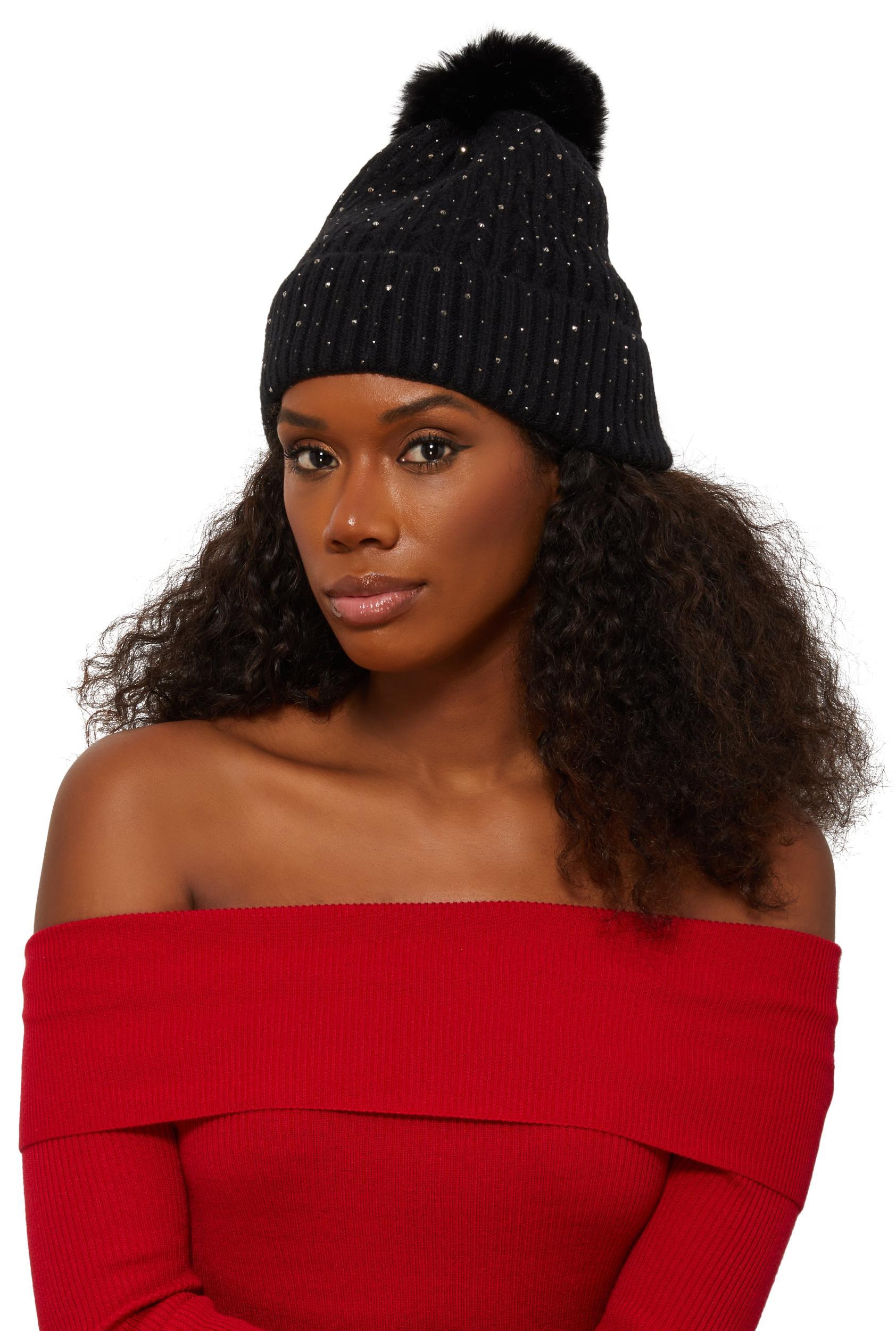 Rhinestone Cable Knit Pom Pom Beanie Female Product Image