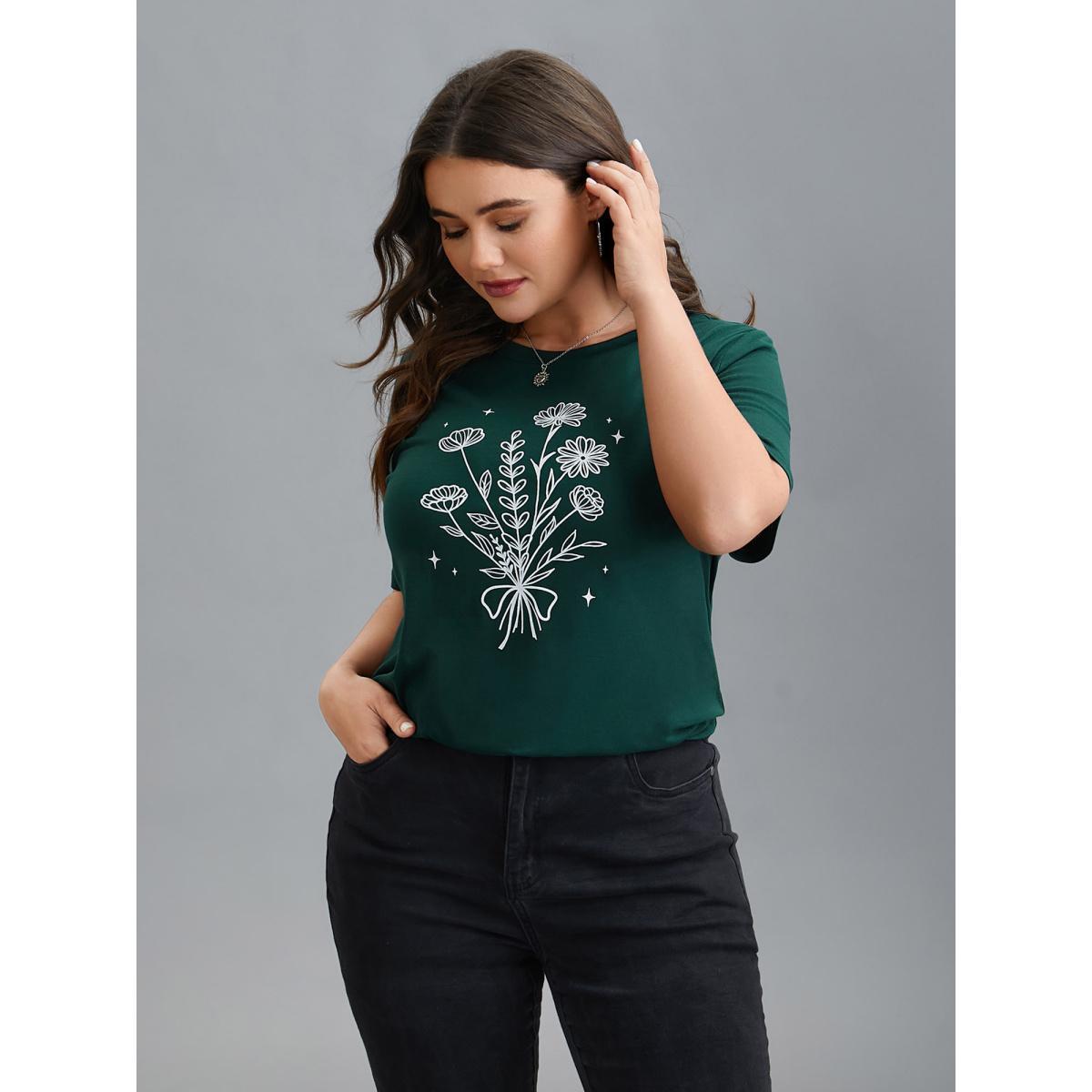 Plus Size Floral Motif Round Neck Fitted T-Shirt DarkGreen Women Casual Non Natural Flowers Round Neck Everyday T-shirts BloomChic 10/M Product Image