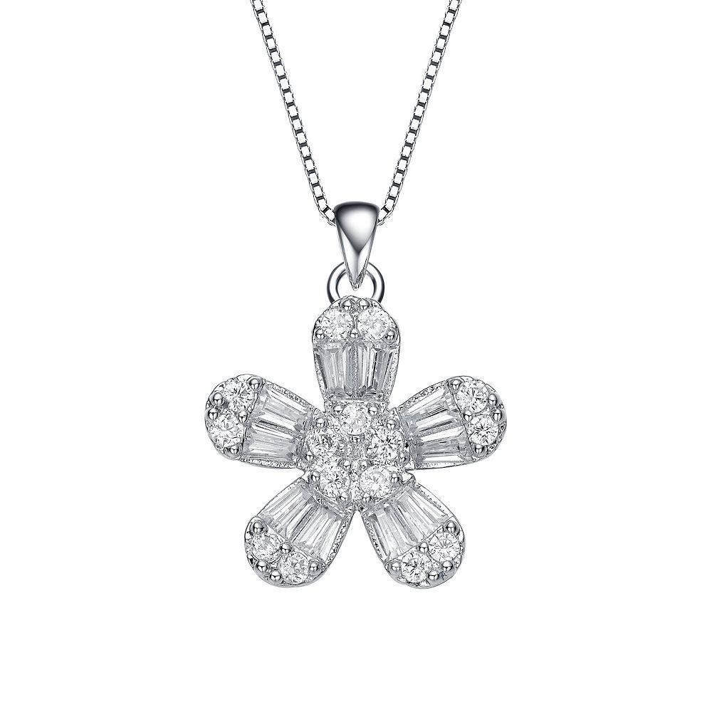 Sterling Silver Cubic Zirconia Flower Pendant Necklace, Womens Product Image