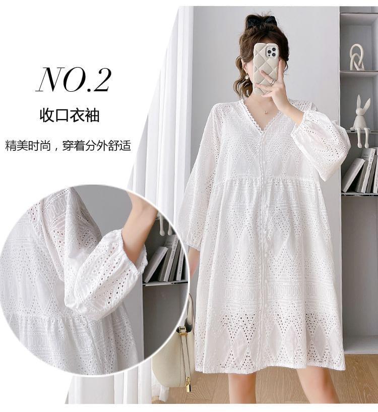 Maternity Puff-Sleeve V-Neck Plain Mini Dress Product Image