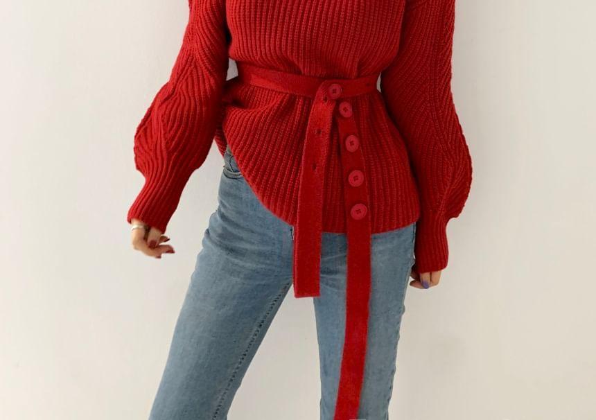 Long Sleeve Turtleneck Belted Sweater Product Image