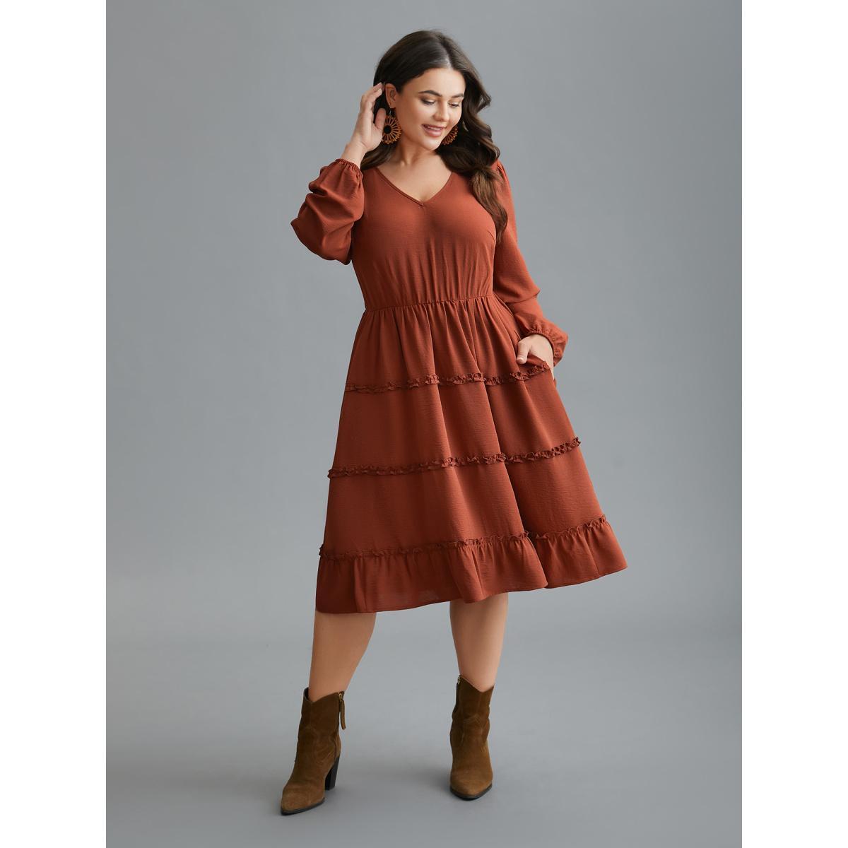 Plus Size Plain Frill Trim Ruffle Layered Hem Dress Russet Women Resort Gathered V-neck Long Sleeve Curvy BloomChic 26/4X Product Image