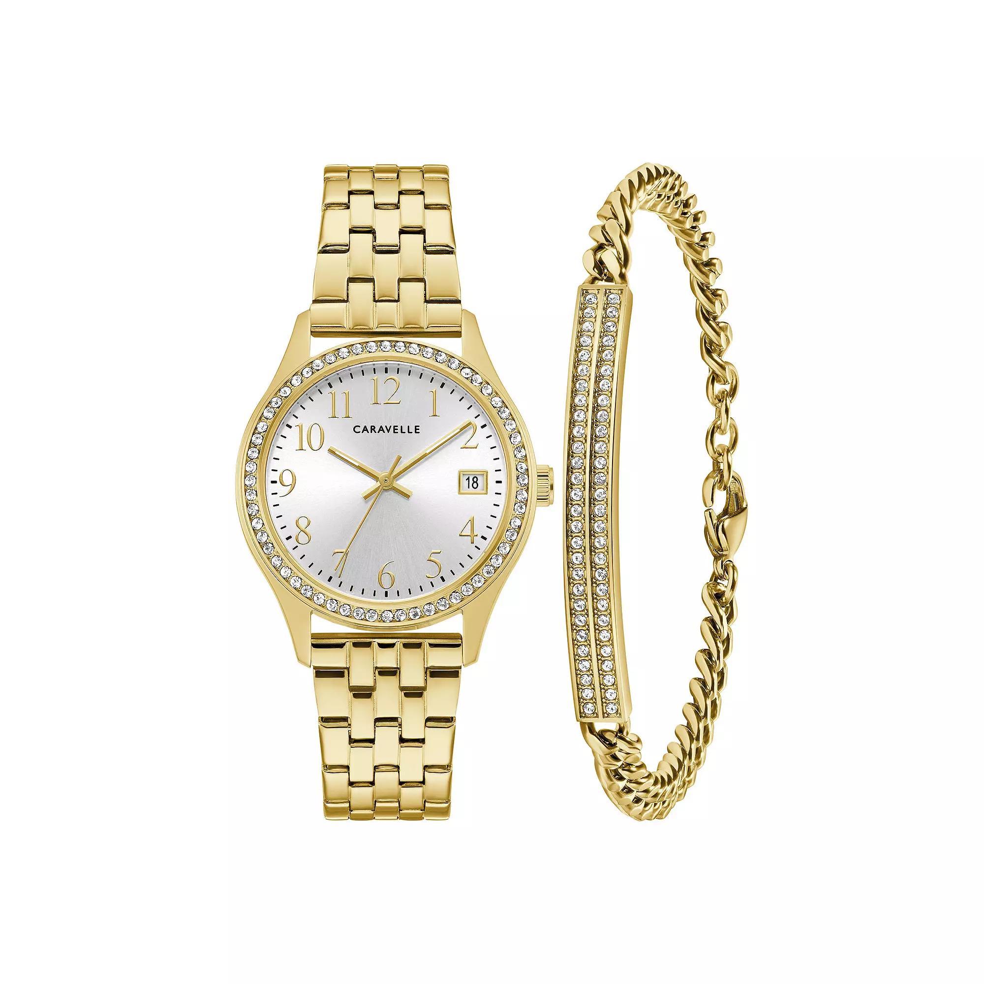 Caravelle by Bulova Womens Crystal Accented Gold Tone Stainless Steel Watch & Crystal Bracelet Box Set Product Image