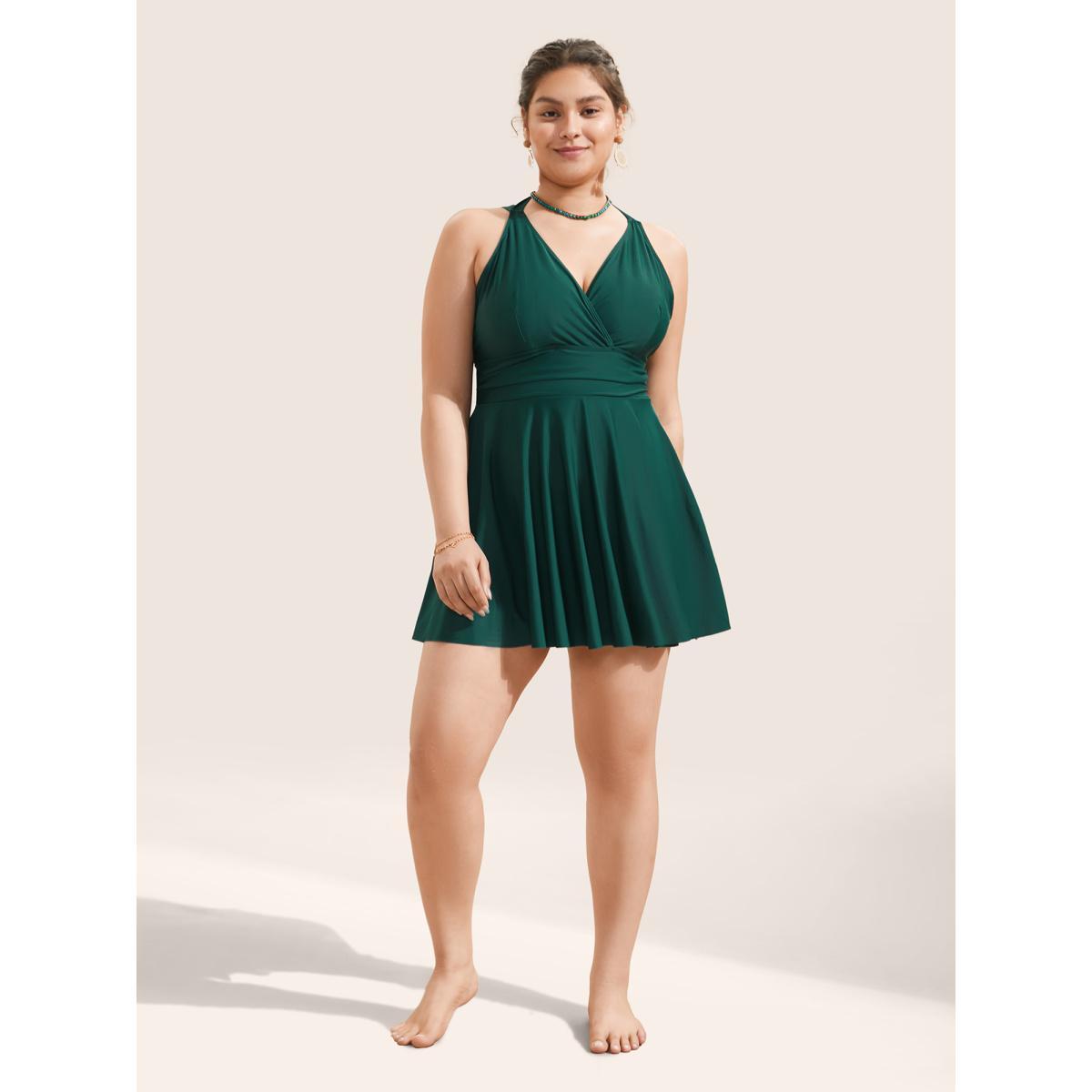 Plus Size Solid Ruffle Hem Empire Waist Halter Neck Swim Dress Women's Swimwear DarkGreen Beach Bodycon Halter neck High stretch Curve Swim Dresses BloomChic 14-16/1X Product Image