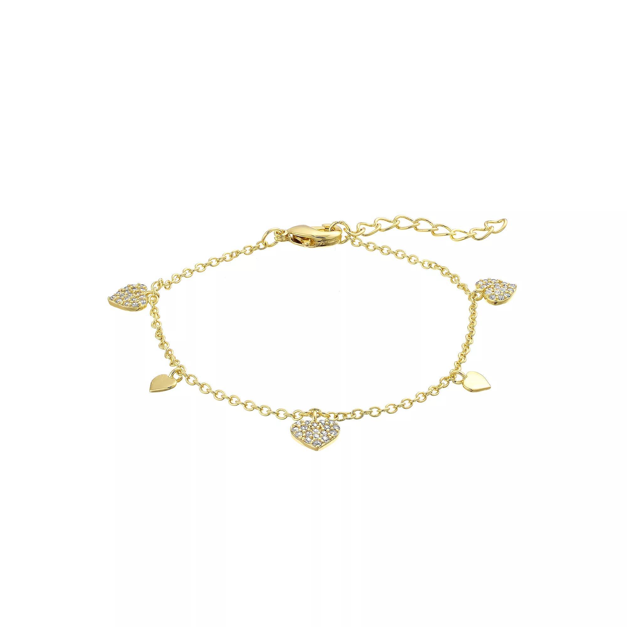 14k Gold Over Silver Cubic Zirconia Heart Charm Bracelet, Womens Gold Tone Product Image